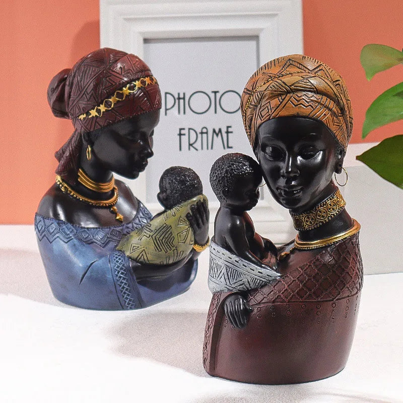 Afralia™ African Exotic Black Mother And Child Resin Statues Retro Figurines For Home Decor