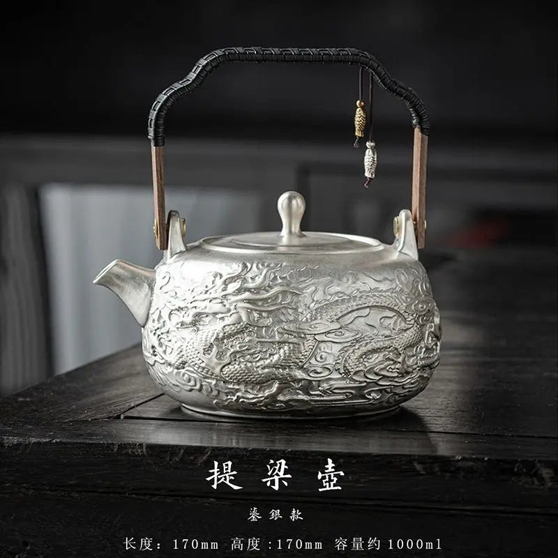 Afralia™ Longteng World Kung Fu Tea Set with Silver Pot, Vintage Year of the Loong Theme.