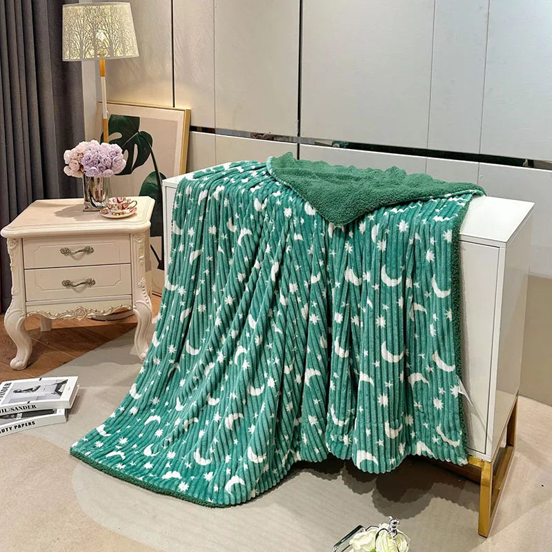 Afralia™ Star Moon Striped Fleece Blanket: Double Layer Flannel for Office Nap & Air Conditioning
