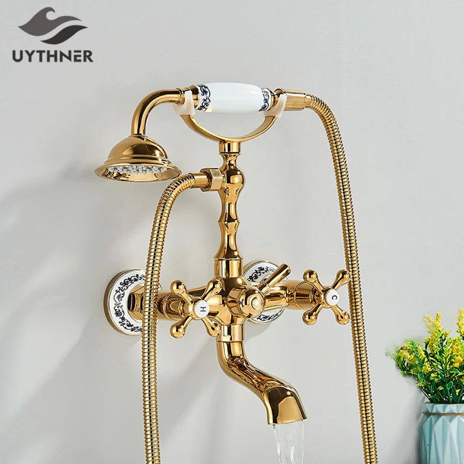 Afralia™ Golden Black Bathtub Faucet with Hand Shower and Rotate Spout