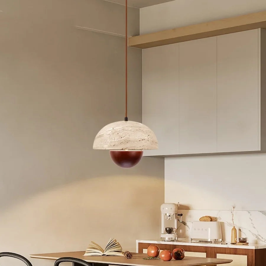 Afralia™ LED Pendant Lights Bar Decor Yellow Travertine Stone Wood Hang Lamp