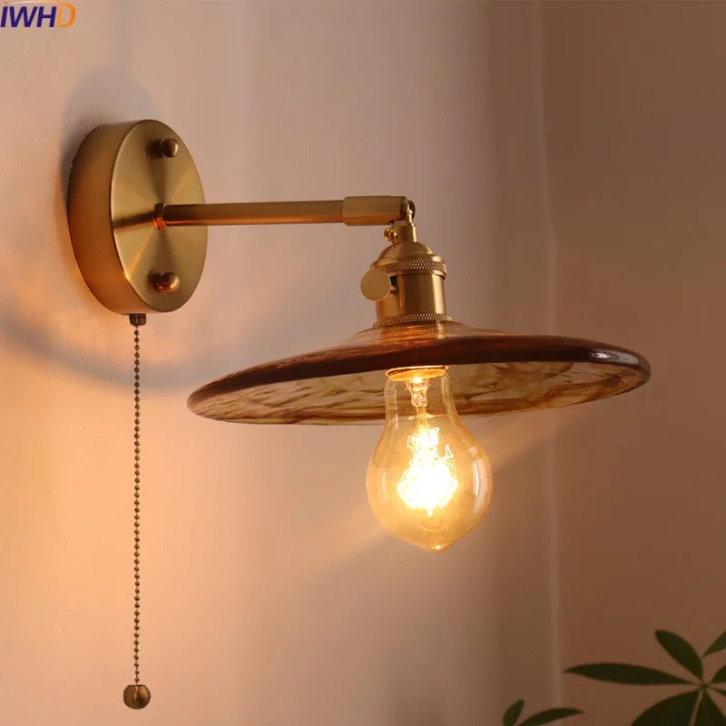 Afralia™ Japanese Style LED Wall Lamps Living Room Coffee Balcony Stair Light Copper Glass