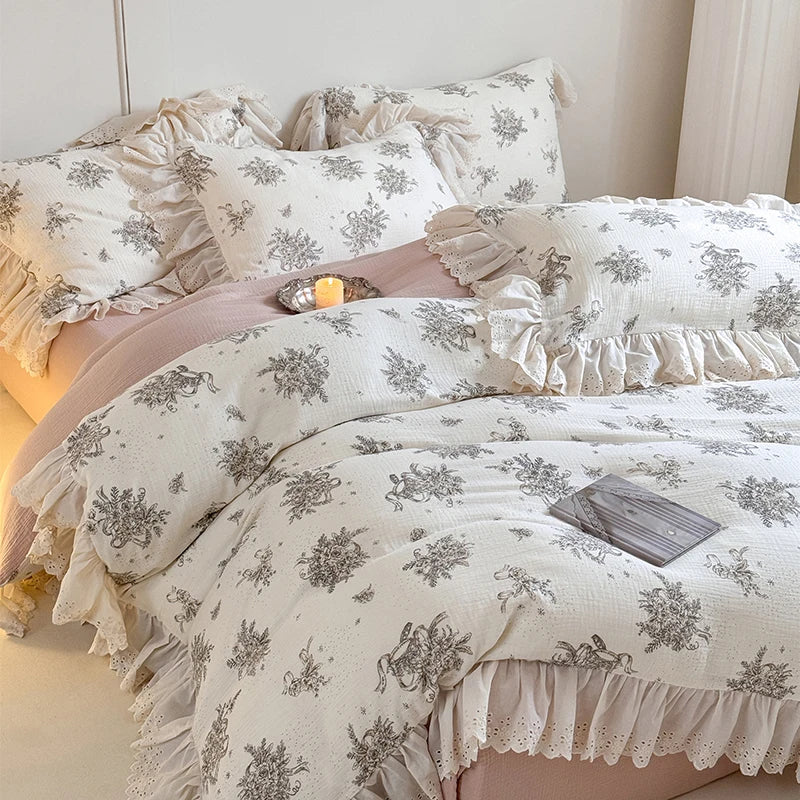 Afralia™ French Lace Floral Ruffles Bedding Set - 100% Cotton Wrinkled Yarn 4Pcs