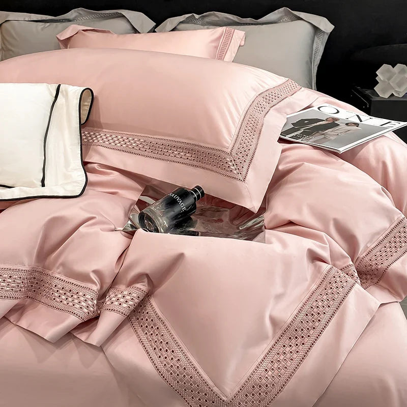 Afralia™ Luxury Hollow Edge Egyptian Cotton Bedding Set, White/Grey/Pink/Blue, 4-Piece