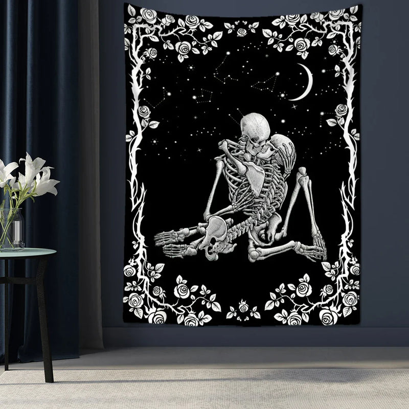 Afralia™ Lovers Skull Tapestry Wall Hanging Black White Romantic Skeleton Home Decor