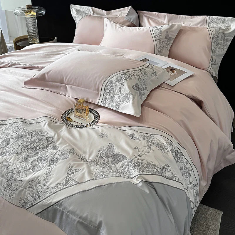 Afralia™ Luxe Butterfly Flowers Embroidery Bedding Set with Duvet Cover Sheet Pillowcases 4Pcs