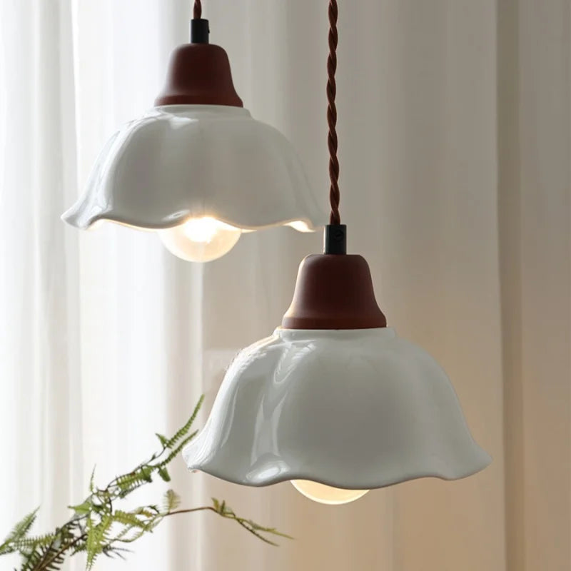 Afralia™ White Flower Ceramic LED Pendant Lamp Wood Japan Style Hang Lamp