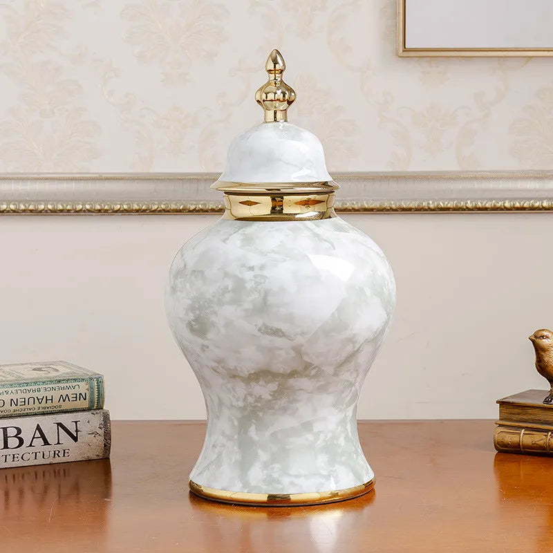 Afralia™ Marbled Ceramic Ginger Jar Vase with Lid - Handcrafted Home Decor Ornament