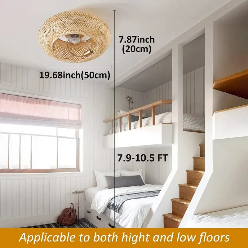Afralia™ Bamboo Ceiling Fan with Rattan Cage Light & Remote Control