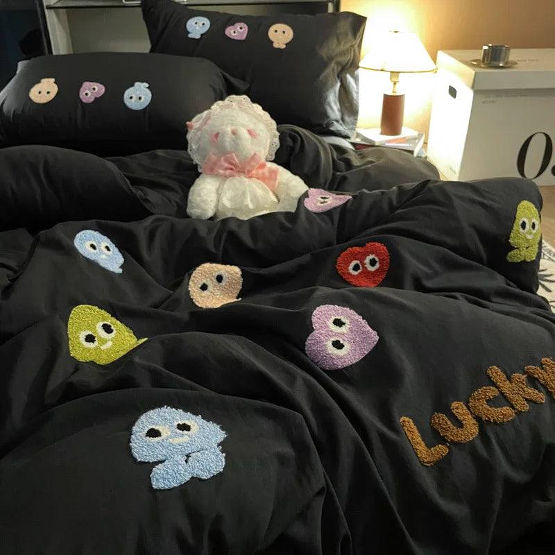Afralia™ Cotton Cartoon Towel Embroidery Bedding Set: Quilt Cover, Bed Sheet, Pillowcases