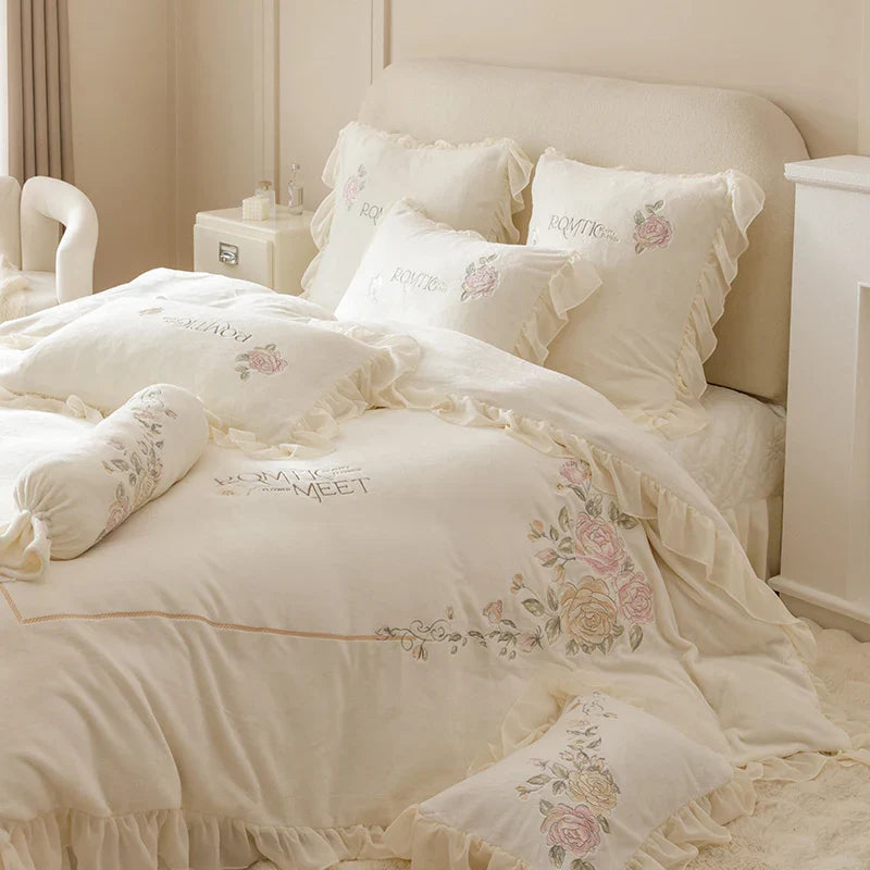 Afralia™ Rose Flowers Embroidery Princess Bedding Set - 4Pcs