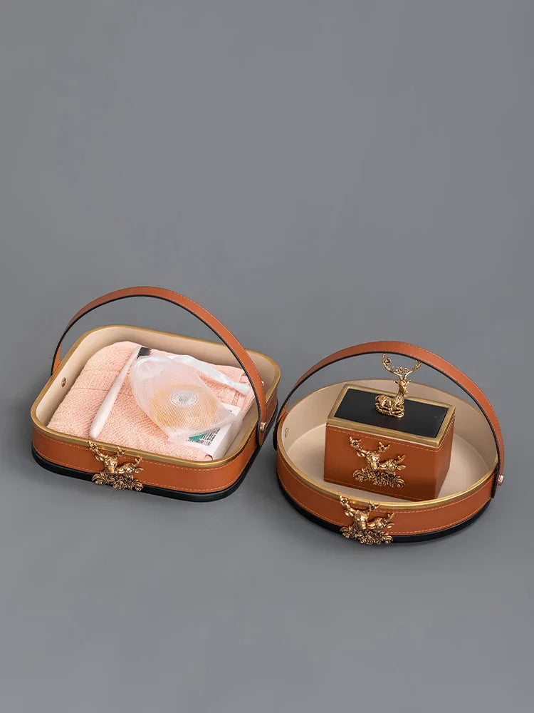 Afralia™ Brown Leather Desktop Storage Basket and Tissue Box