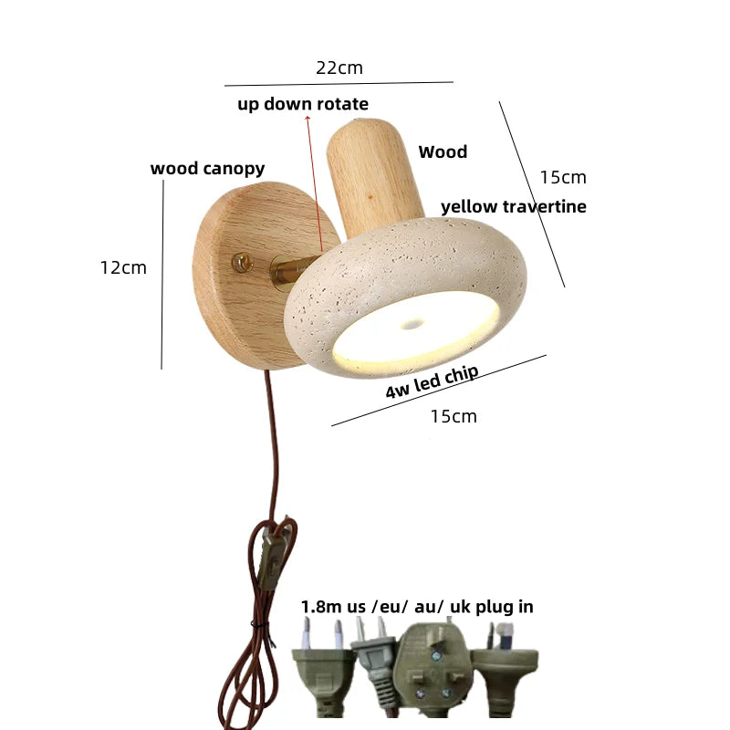Afralia™ Wood & Travertine LED Wall Sconce with Pull Chain Switch