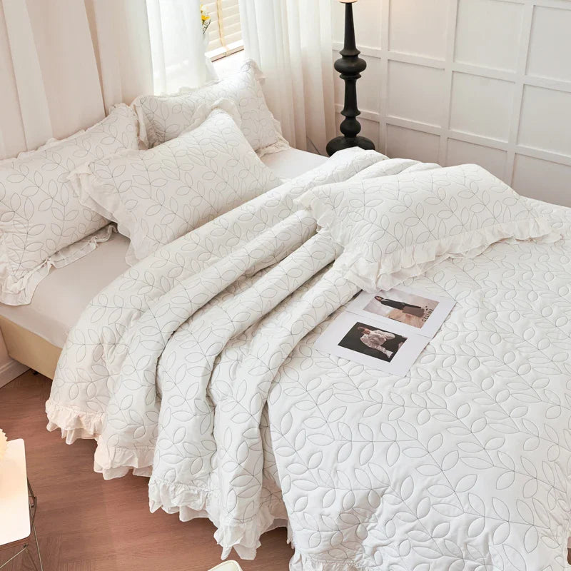 Afralia™ Leaf Embroidery Double Layer Lace Ruffles Quilt Set with Bedspread & Pillowcases