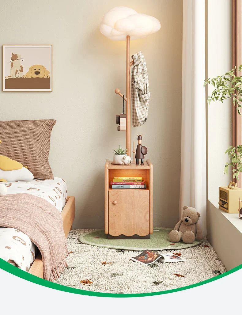 Afralia™ Solid Wood Bedside Cabinet with Integrated Clothes Rack and Lights