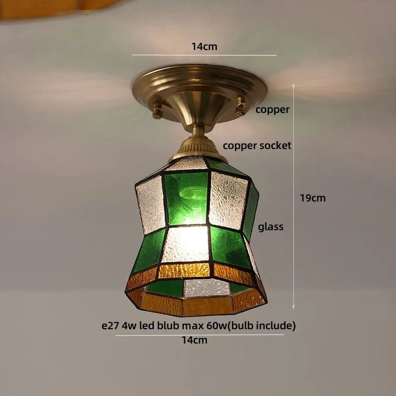 Afralia™ Handcrafted Glass Copper Canopy Ceiling Light Tiffany Style Glass Vintage Loft