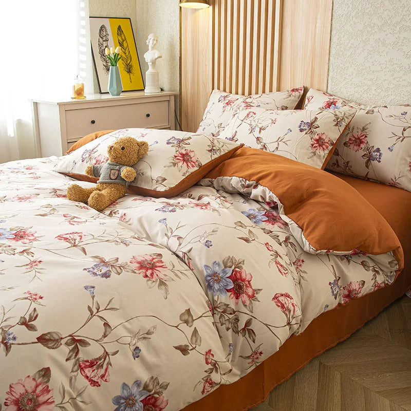 Afralia™ Flower Printed Washed Cotton Duvet Cover, Single/Queen/King Sizes
