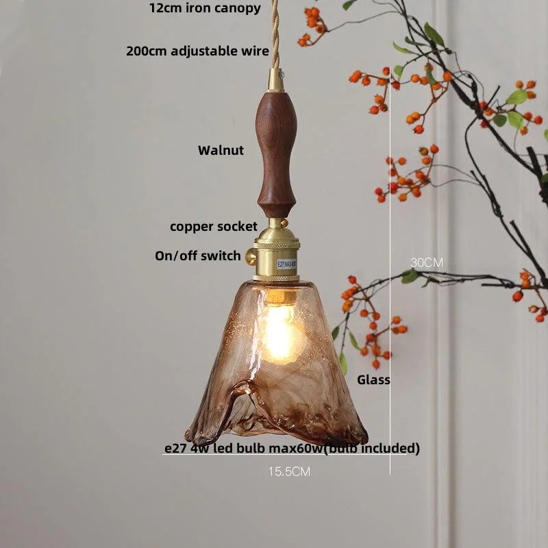 Afralia™ Brass Knob Switch LED Pendant Light, Nordic Amber Glass Hanging Lamp