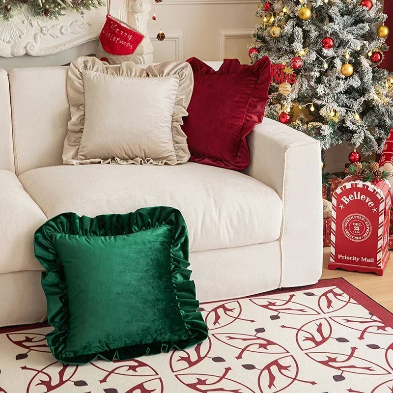 Afralia™ Ruffled Edge Patchwork Velvet Pillow Covers Set for Festive Home Decor