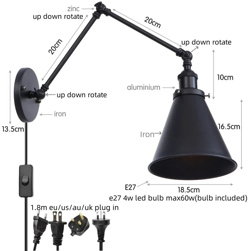 Afralia™ LED Long Arm Wall Lamp with Pull Chain Switch for Home Hotel Bathroom