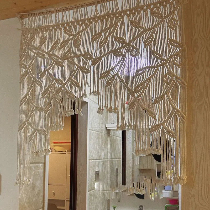 Afralia™ Macrame Leaf Pattern Curtain Tapestry Wall Hanging for Boho Room Decor