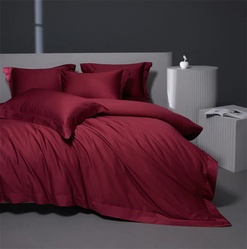 Afralia™ Burgundy Red Egyptian Cotton Bedding Set - Soft Silky Solid Color Luxe Duvet Cover, Sheet, Pillowcases