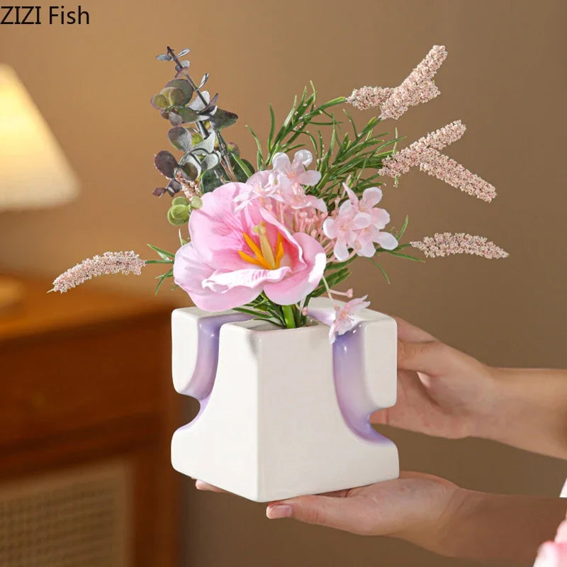 Afralia™ Geometric Blocks Vase: Gradient Color Desk Decoration with Artificial Flowers