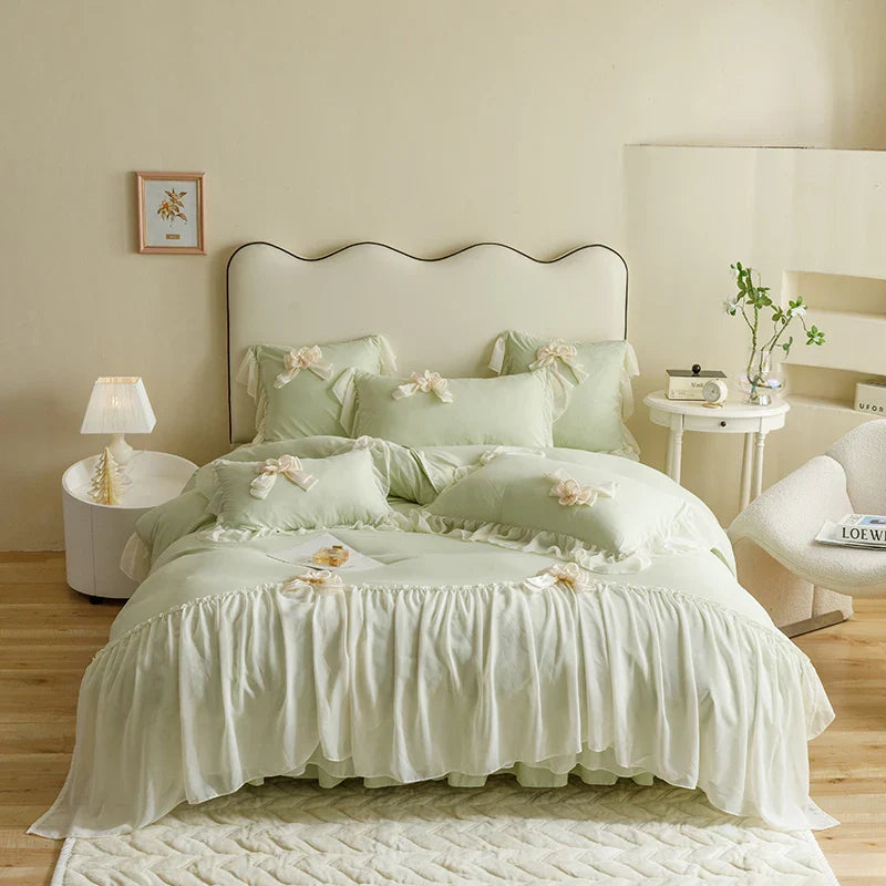 Afralia™ Sweet Lace Ruffles Flowers Bow Wedding Bedding Set - 200X230cm