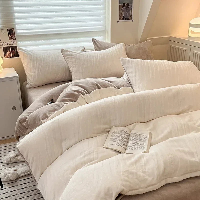 Afralia™ High-Density Milk Fleece Duvet Set with Winter Warmth King Bedding & Plush Blanket Cover