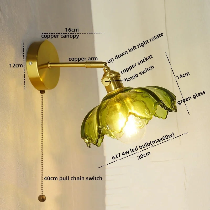 Afralia™ Nordic LED Wall Lights Pull Chain Switch Copper Glass Home Decor