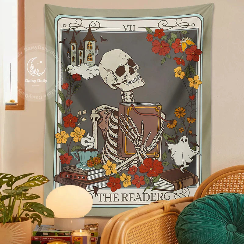 Afralia™ Reader Tarot Card Tapestry: Mystical Skeleton Wall Hanging for Home Decor