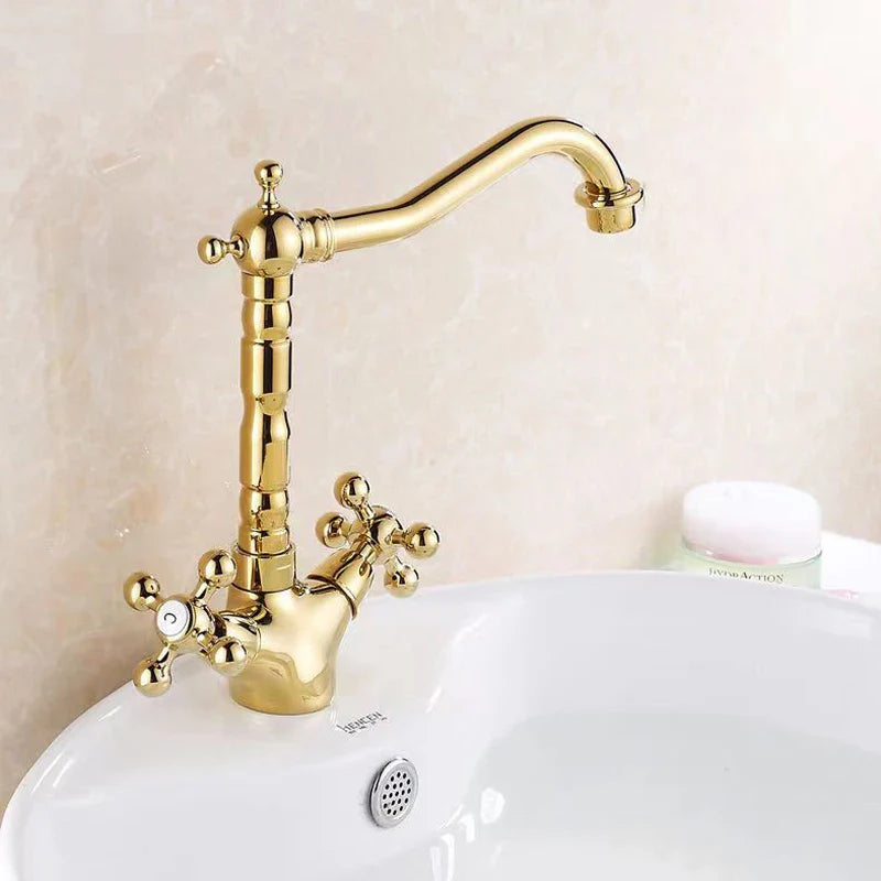 Afralia™ Antique Brass Basin Faucet with Swivel Spout and Cross Handles