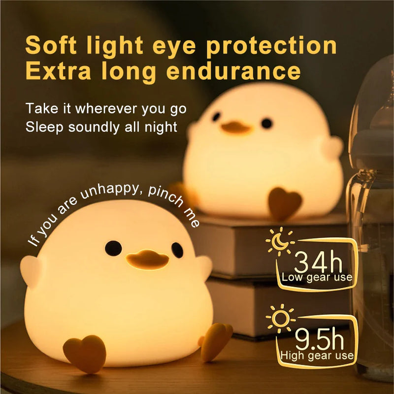 Afralia™ Duck Silicone Night Light with Timer, Rechargeable USB, Dimming Touch Lamp