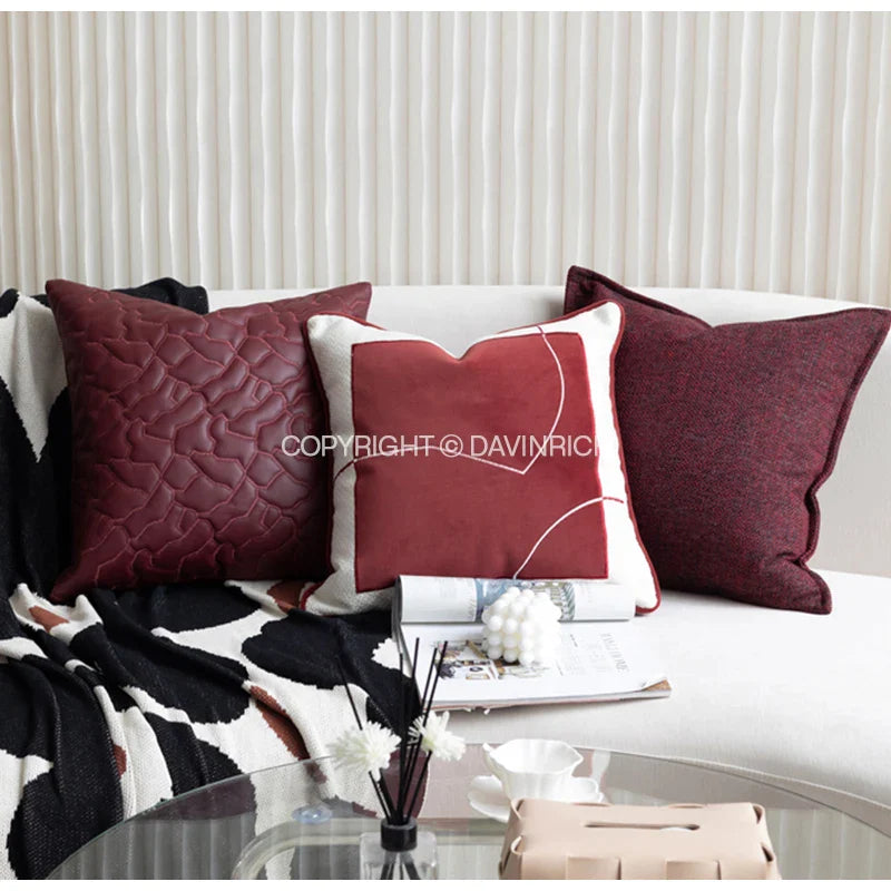 Afralia™ Retro Bordeaux Red Faux Leather Quilted Throw Pillow for Couch Sofa