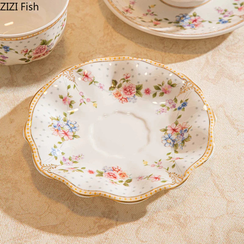 Afralia™ Ceramic Cup & Saucer Set, Gold-Plated Edge, Flower Pattern, Tea & Coffee Mug