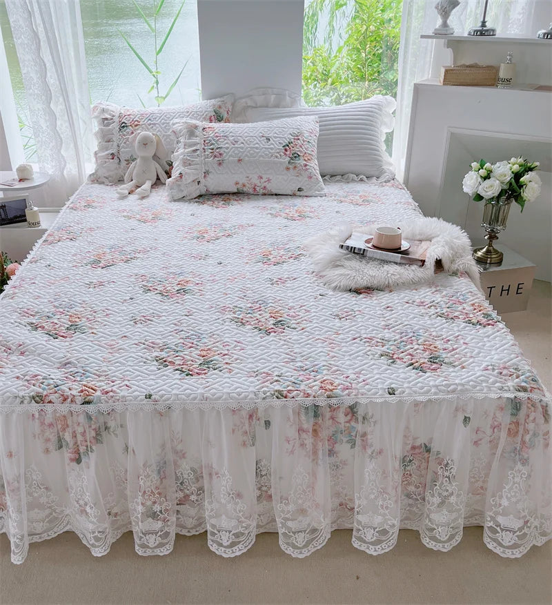 Afralia™ French Floral Print Bedding Set: Duvet Cover, Lace Ruffles, Quilted Embroidery, Pillowcases
