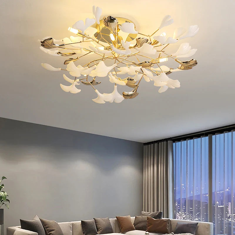 Afralia™ Nordic Ginkgo Leaf Ceramic Ceiling Chandelier Home Lighting Fixtures