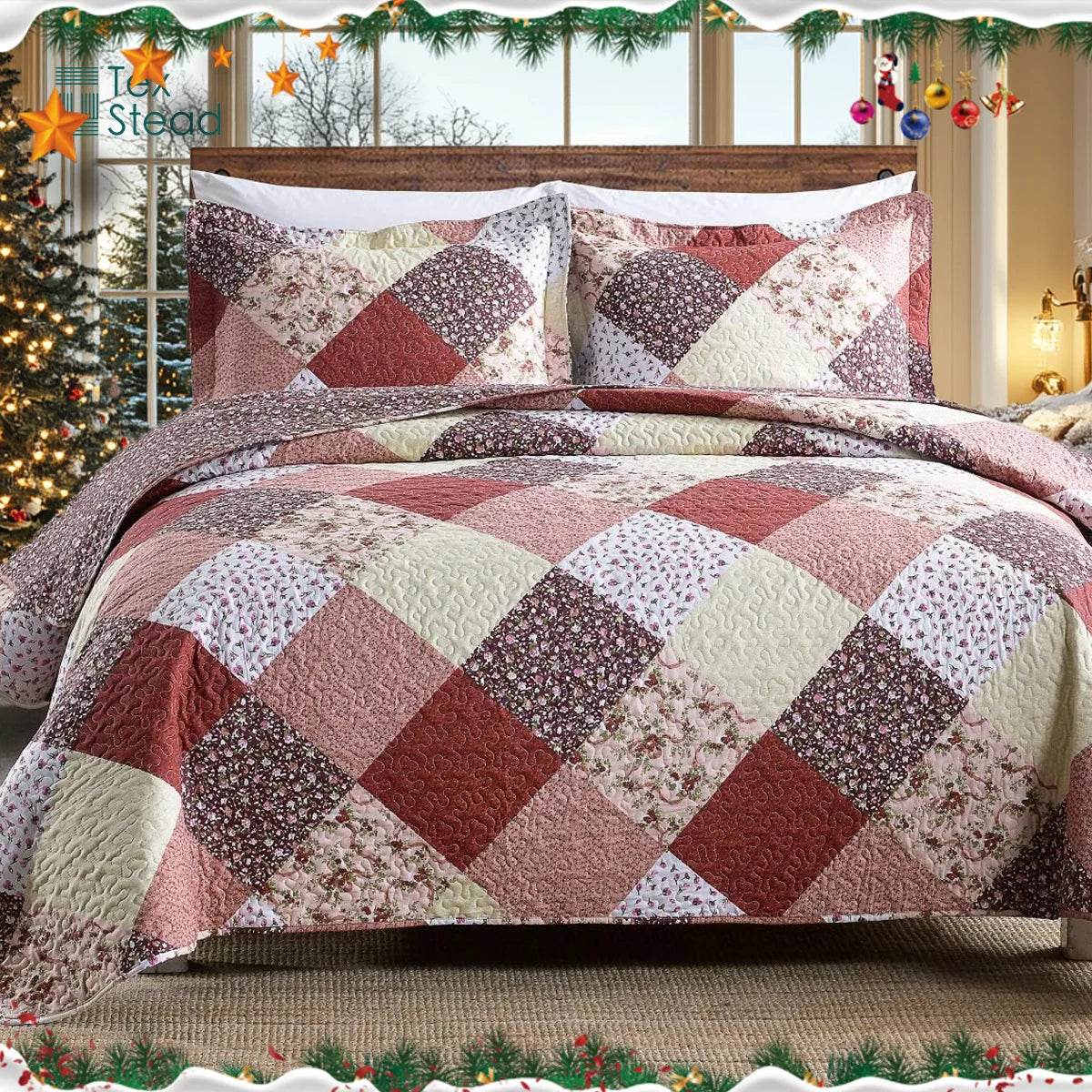 Afralia™ Multicolour Floral Patchwork Print Bedspread Set with Two Pillow Shams