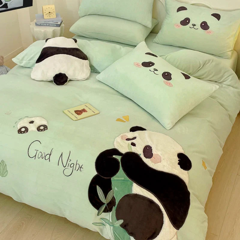 Afralia™ Pink Panda Applique Embroidery Bedding Set Double Queen Duvet Cover Bed Sheet Pillowcases