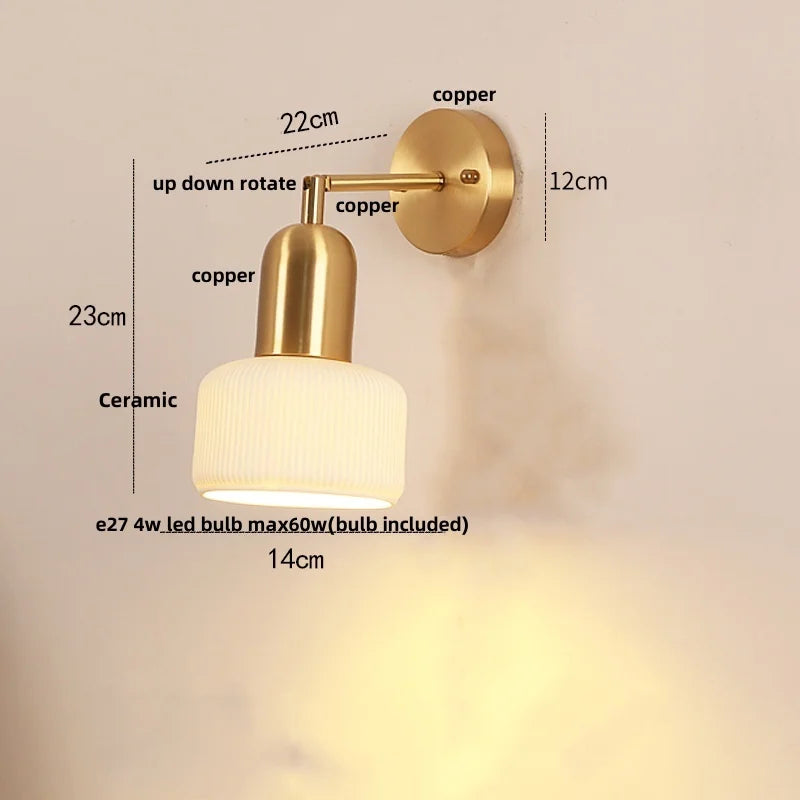Afralia™ Rotatable Ceramic LED Wall Sconce Nordic Walnut Wood Bedside Lamp