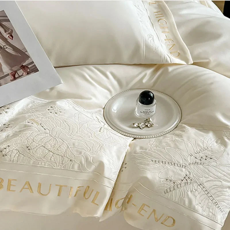 Afralia™ Solid Ice Silk Embroidery Bedding Set: Silky Cooling Duvet Cover, Cozy & Skin-Friendly