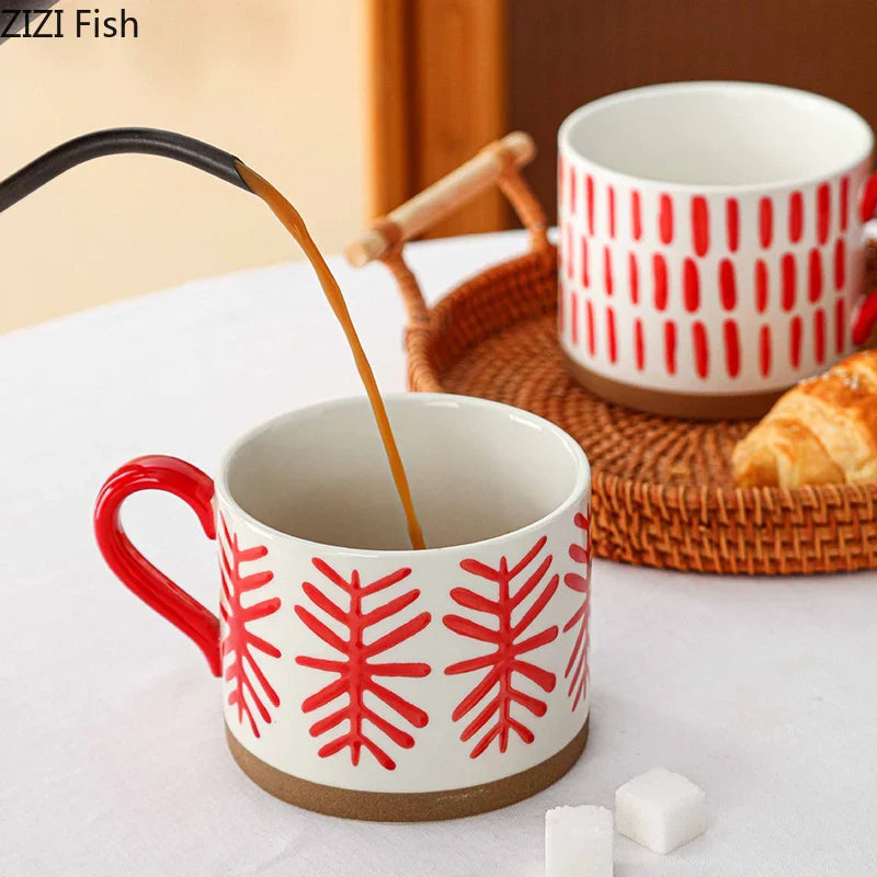 Afralia™ Red Patterned Porcelain Stacking Cup Set - Dining Table Coffee Mug Teacup