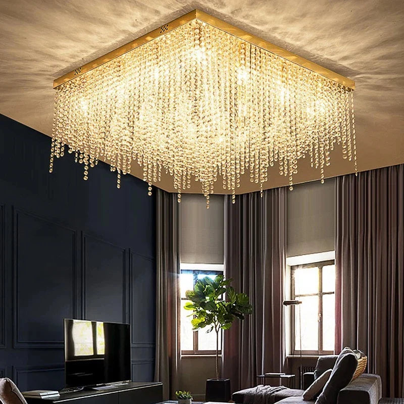 Afralia™ Luxe Crystal Beading Chandelier - Dimmable LED Gold Ceiling Light, Bedroom & Living Room Luxury Décor