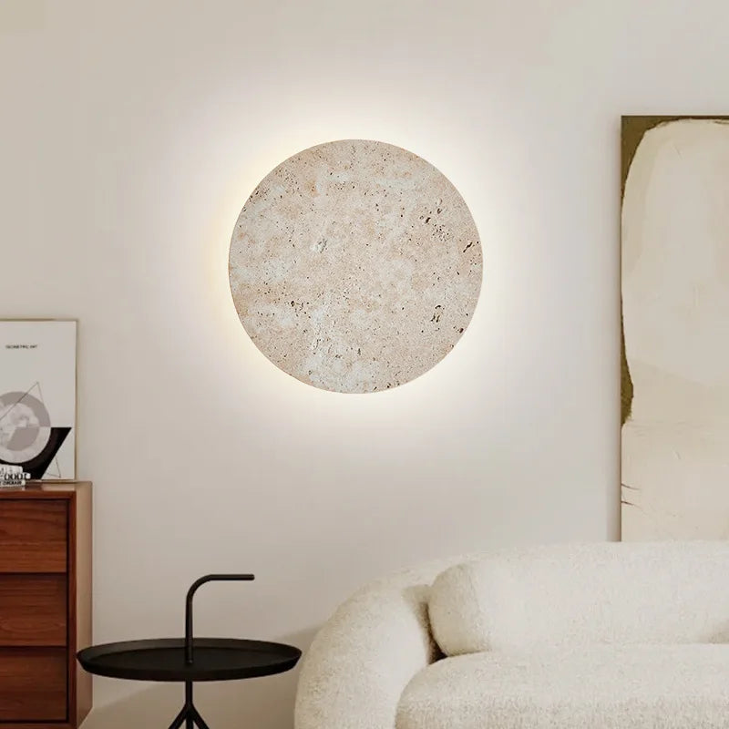 Afralia™ Natural Beige Stone Wall Lamp minimalist flush mount circle LED light Bedroom Wall Light