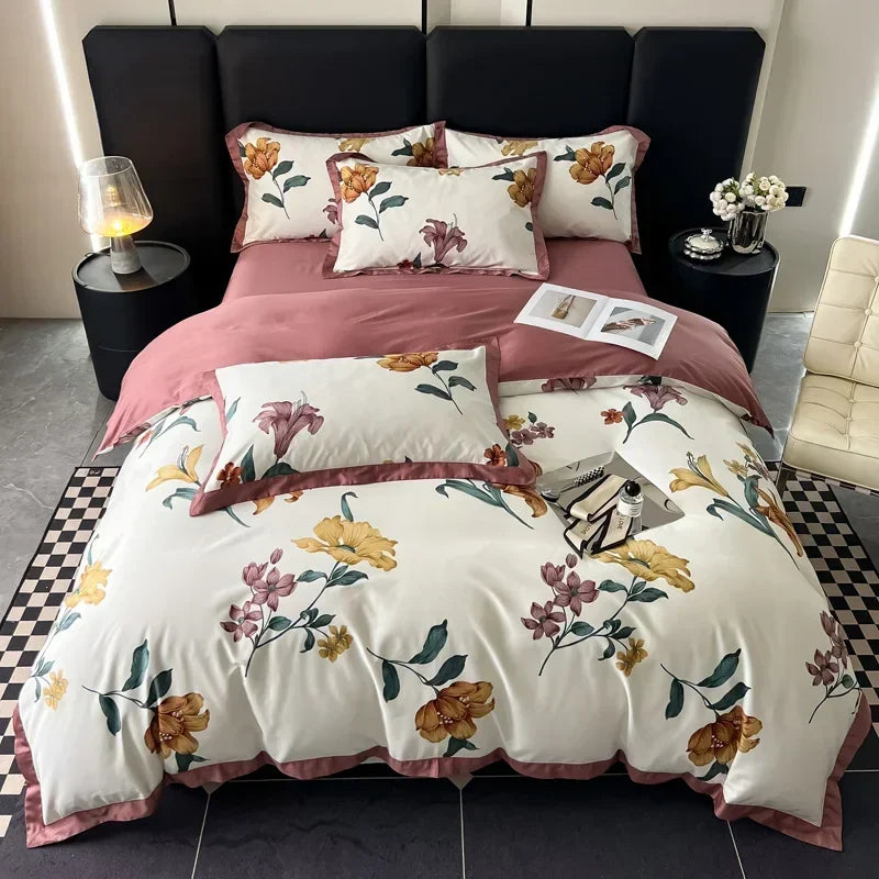 Afralia™ Pink Flowers Bedding Set in Traditional Chinese Style