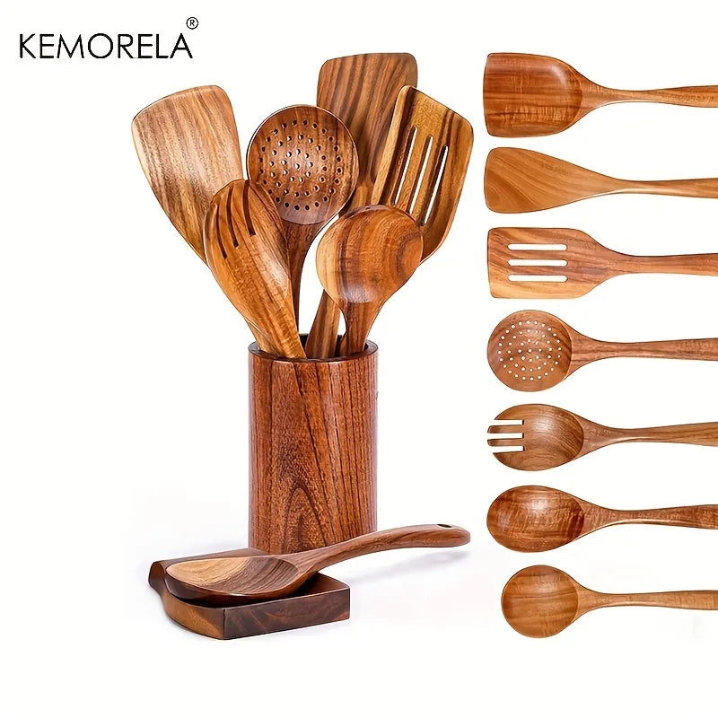 Afralia™ 9-Piece Wooden Cooking Utensils Set with Holder - Teak Kitchen Tools