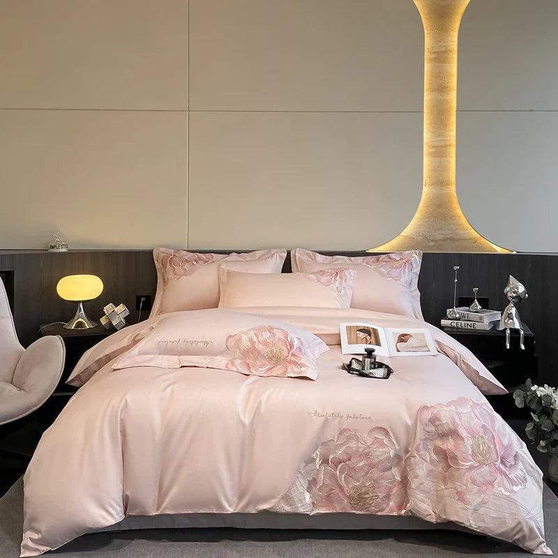 Luxury Flowers Embroidery Bedding Set by Afralia™: Duvet, Sheet, Pillowcases 4Pcs