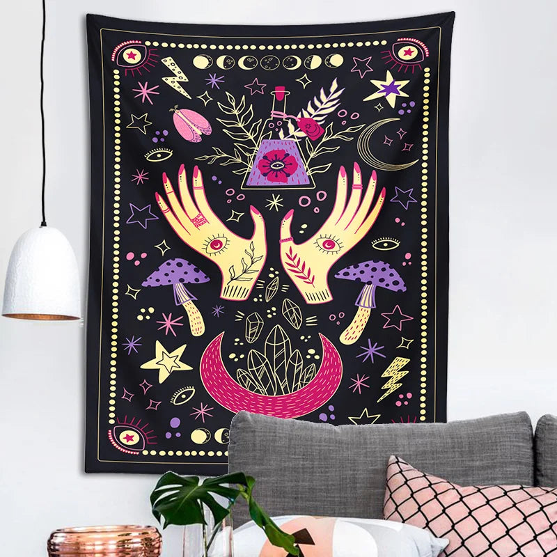 Afralia™ Tarot Mushroom Tapestry: Witch Hand Snake Moon Phase Botanical Moon Phase Mystery