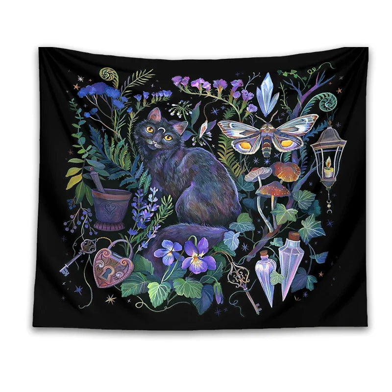 Boho Garden Tapestry Moon Moth Psychedelic Botanical Wall Hanging by Afralia™.