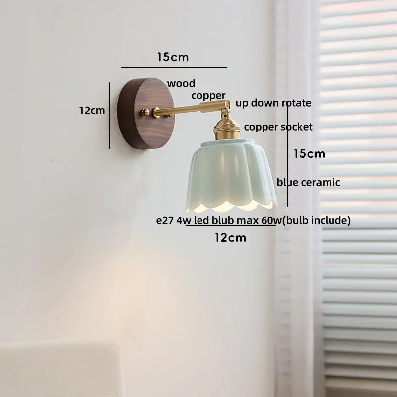 Afralia™ White Flower Ceramic LED Wall Sconce with Wood Base and Copper Rotate